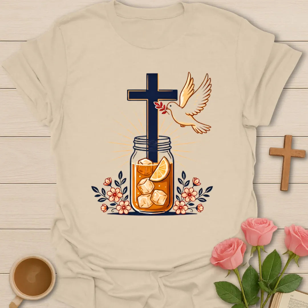 Sweet Tea Strong Faith shirt with mason jar iced tea, cross, dove, flowers, and sunburst. - Sand