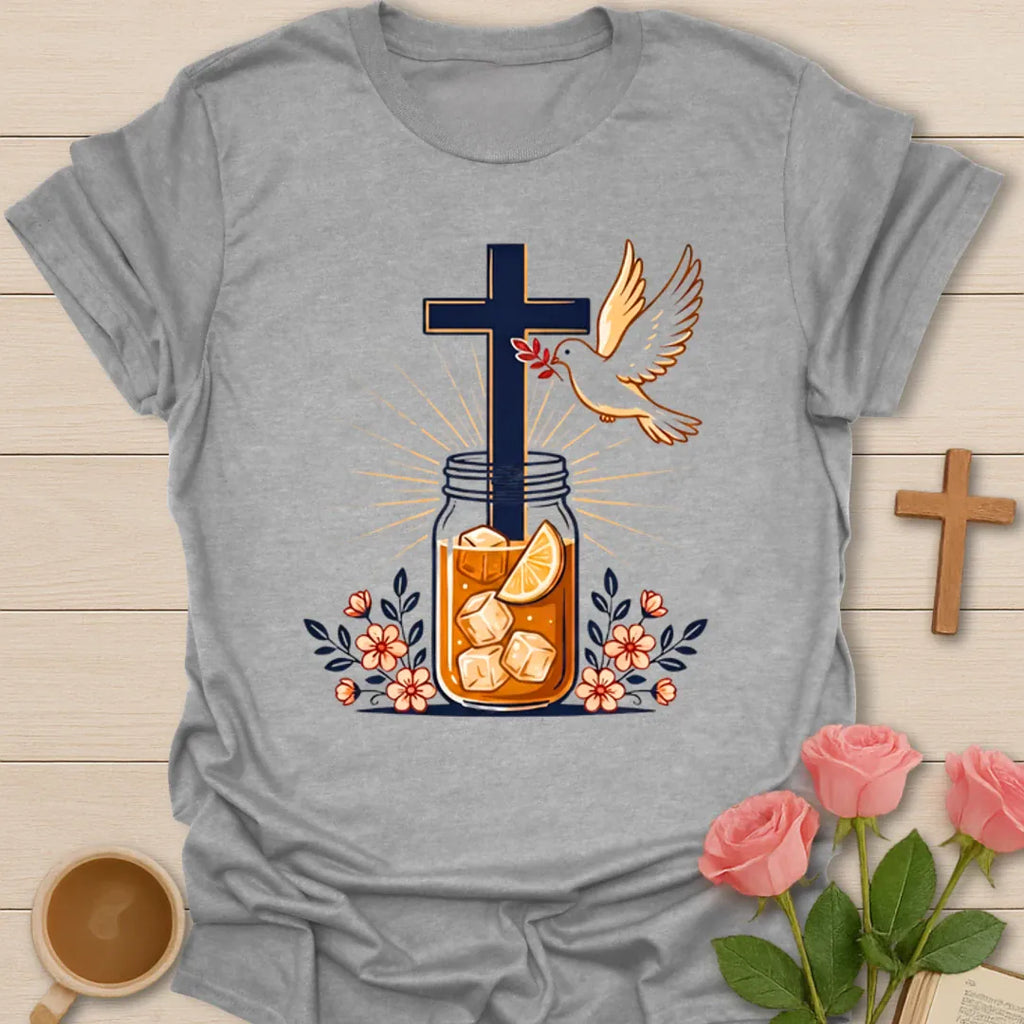 Sweet Tea Strong Faith shirt with mason jar iced tea, cross, dove, flowers, and sunburst. - Sport Grey
