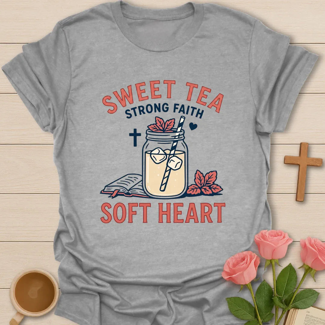 Sweet Tea Strong Faith shirt with mason jar sweet tea, florals, and cream vintage lettering. - Sport Grey