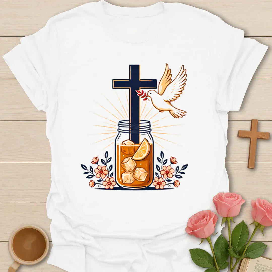 Sweet Tea Strong Faith shirt with mason jar iced tea, cross, dove, flowers, and sunburst. - White