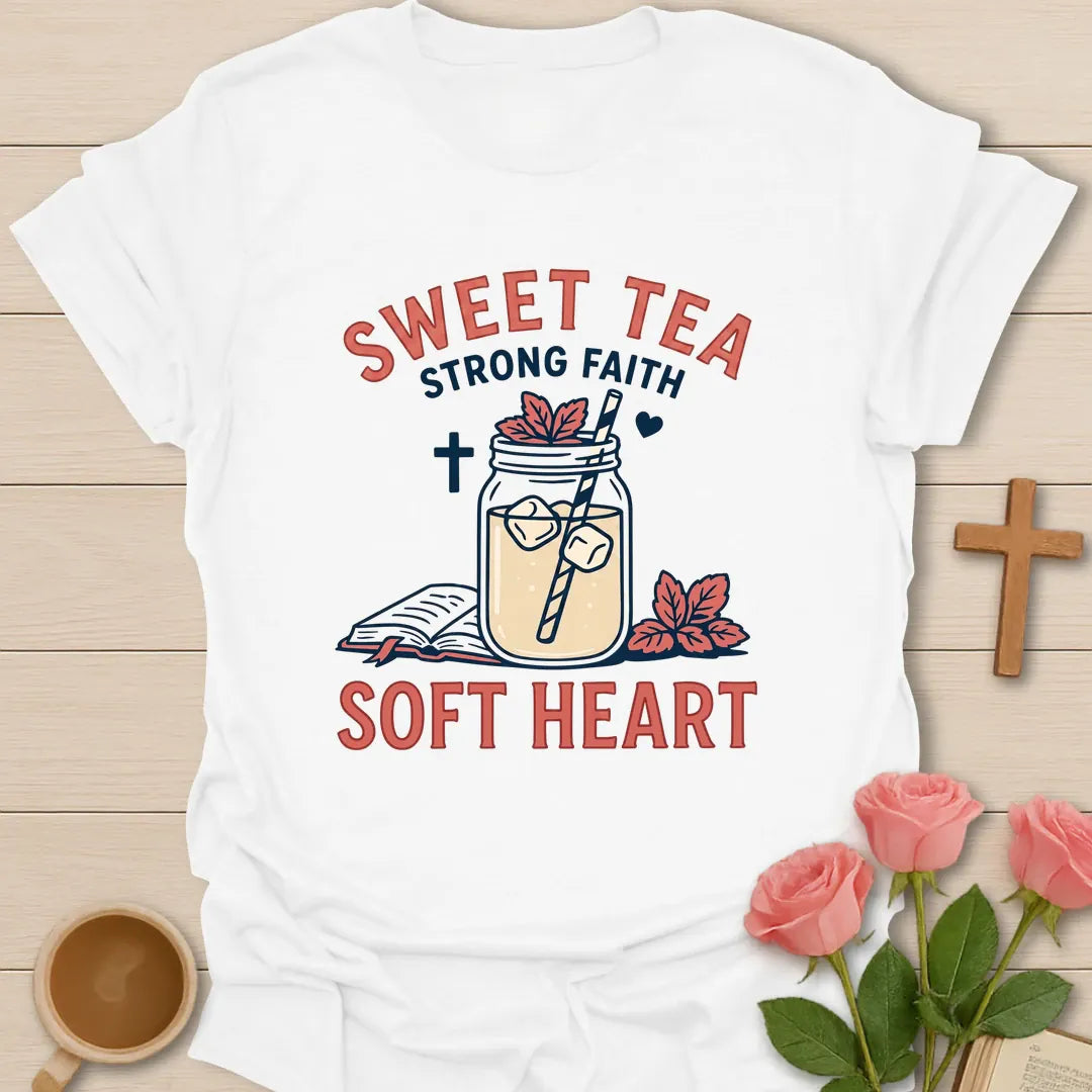 Sweet Tea Strong Faith shirt with mason jar sweet tea, florals, and cream vintage lettering. - White