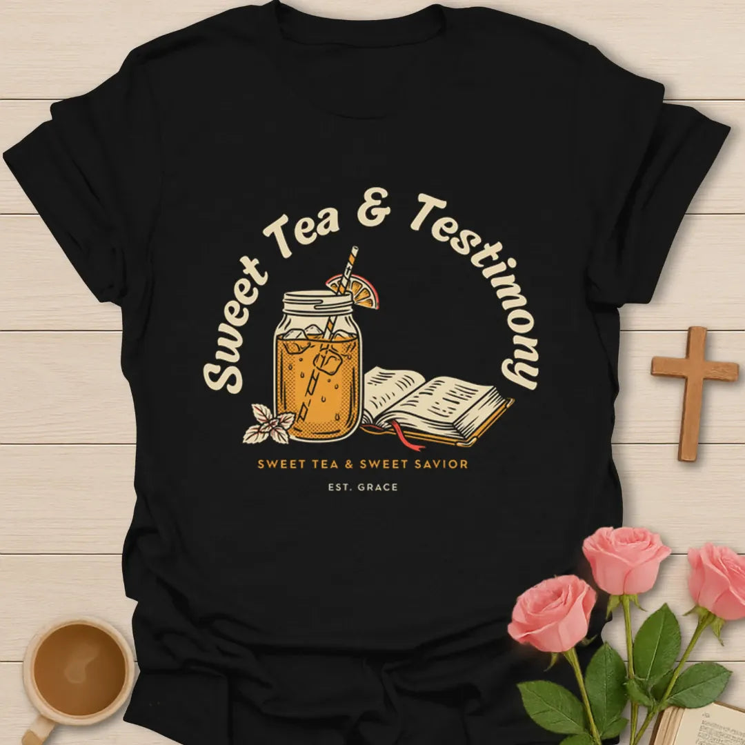 Sweet Tea and Testimony shirt with mason jar iced tea, open Bible, orange slice, flowers, and Sweet Savior text - Black