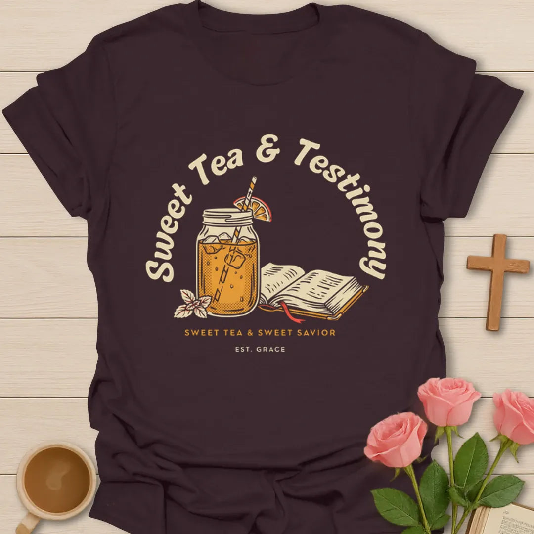 Sweet Tea and Testimony shirt with mason jar iced tea, open Bible, orange slice, flowers, and Sweet Savior text - Dark Chocolate