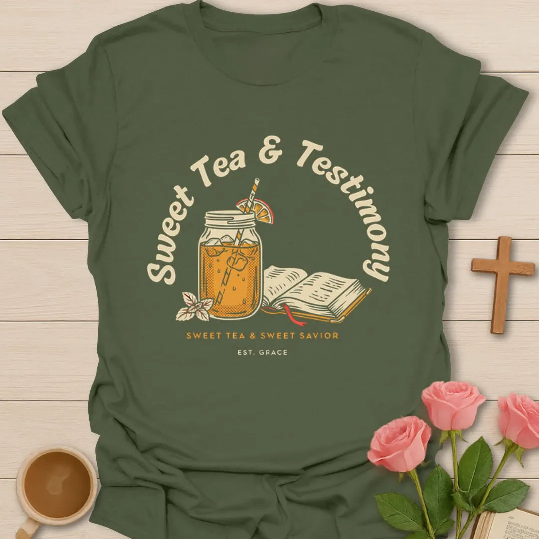 Sweet Tea and Testimony shirt with mason jar iced tea, open Bible, orange slice, flowers, and Sweet Savior text - Military Green