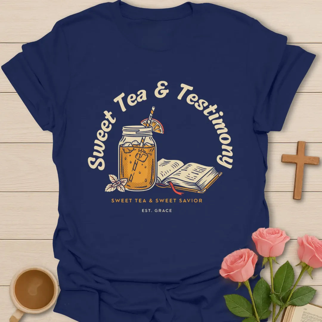 Sweet Tea and Testimony shirt with mason jar iced tea, open Bible, orange slice, flowers, and Sweet Savior text - Navy