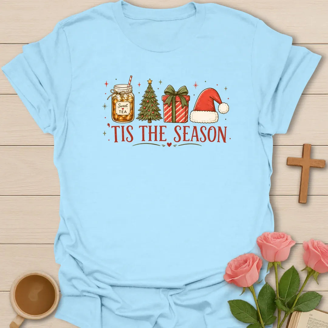 Sweet Tea Tis The Season shirt with mason jar sweet tea, Christmas tree, gift box, Santa hat, stars, and red lettering. - Light Blue