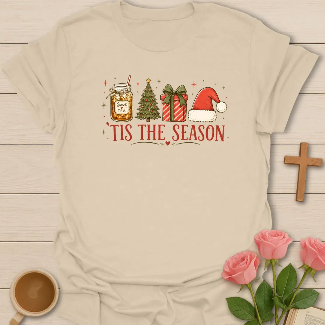 Sweet Tea Tis The Season shirt with mason jar sweet tea, Christmas tree, gift box, Santa hat, stars, and red lettering. - Sand