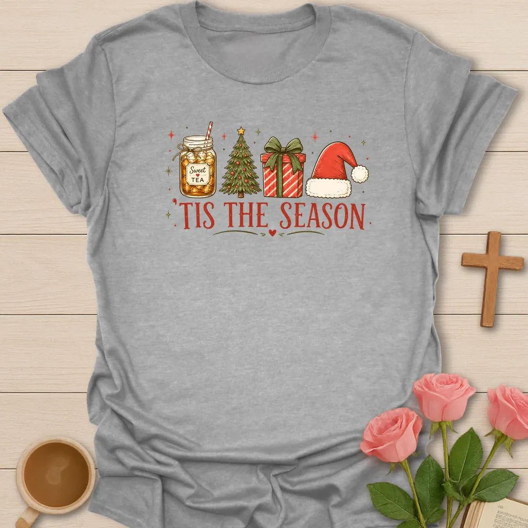 Sweet Tea Tis The Season shirt with mason jar sweet tea, Christmas tree, gift box, Santa hat, stars, and red lettering. - Sport Grey