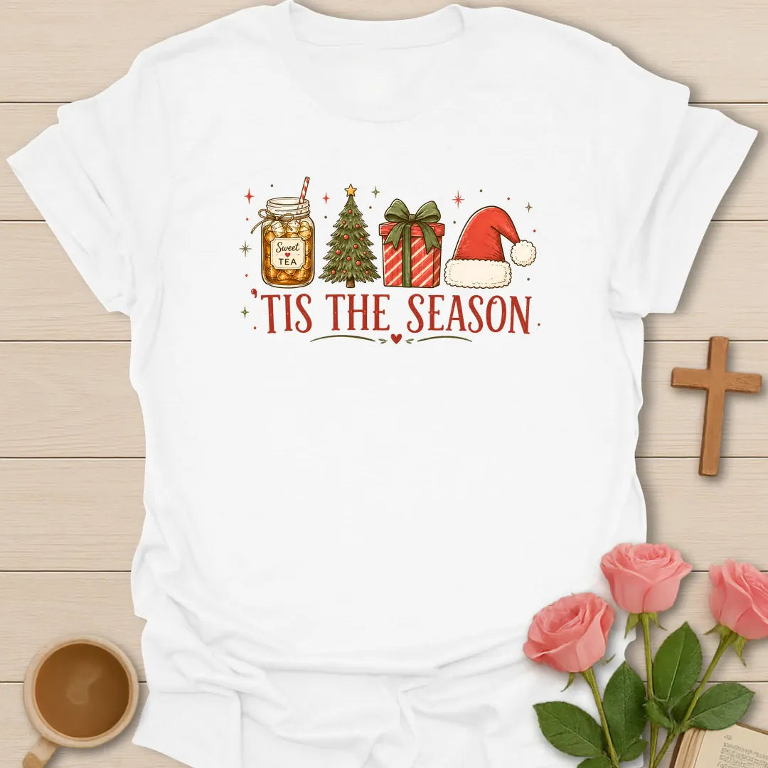 Sweet Tea Tis The Season shirt with mason jar sweet tea, Christmas tree, gift box, Santa hat, stars, and red lettering. - White