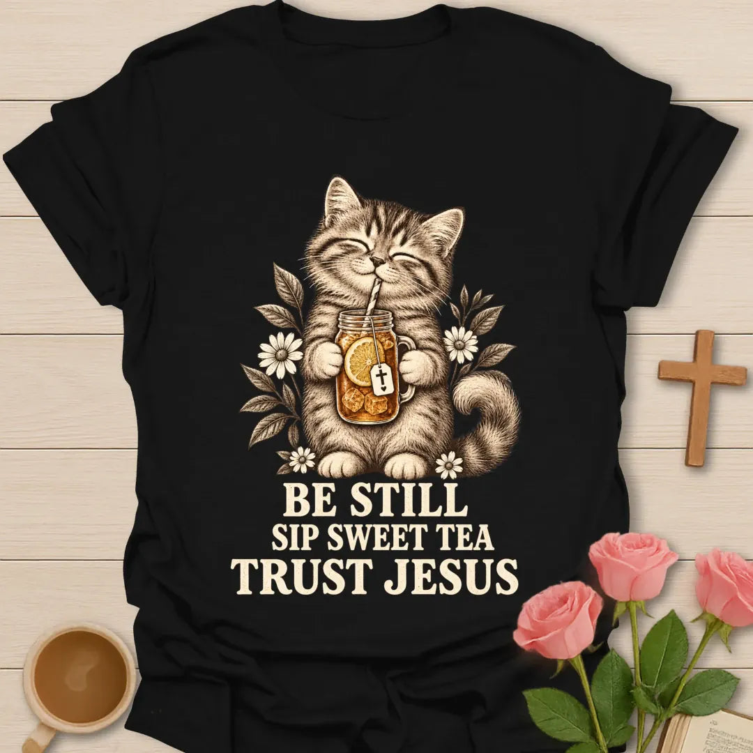 Sweet Tea Trust Jesus kitten shirt with cute kitten, sweet tea, and faith-inspired lettering. - Black