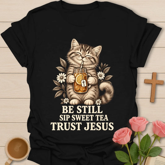 Sweet Tea Trust Jesus kitten shirt with cute kitten, sweet tea, and faith-inspired lettering. - Black