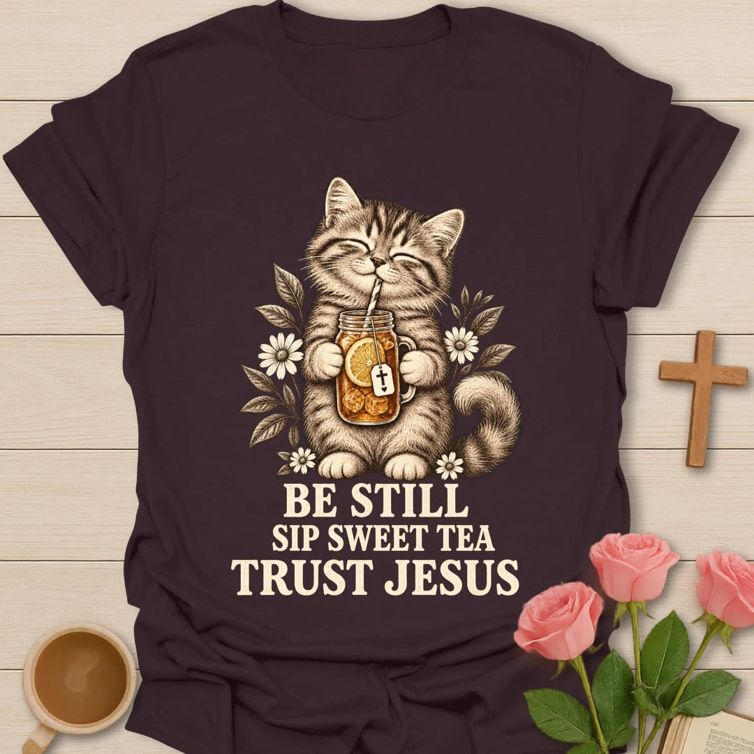 Sweet Tea Trust Jesus kitten shirt with cute kitten, sweet tea, and faith-inspired lettering. - Dark Chocolate