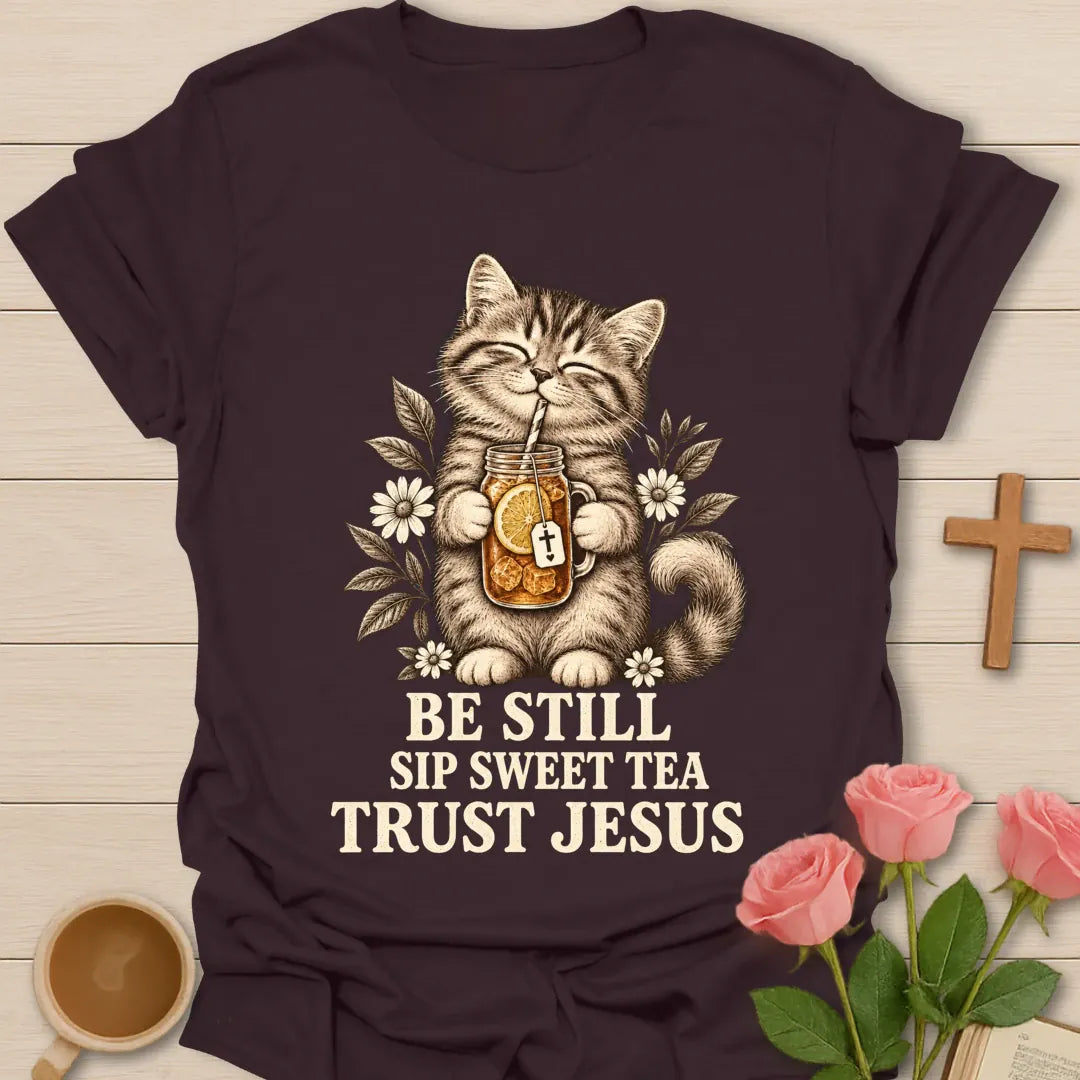 Sweet Tea Trust Jesus kitten shirt with cute kitten, sweet tea, and faith-inspired lettering. - Dark Chocolate