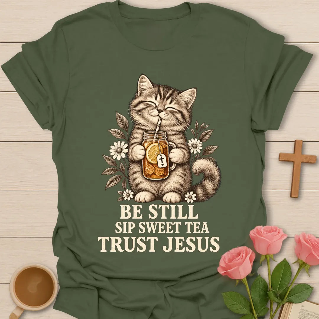 Sweet Tea Trust Jesus kitten shirt with cute kitten, sweet tea, and faith-inspired lettering. - Military Green