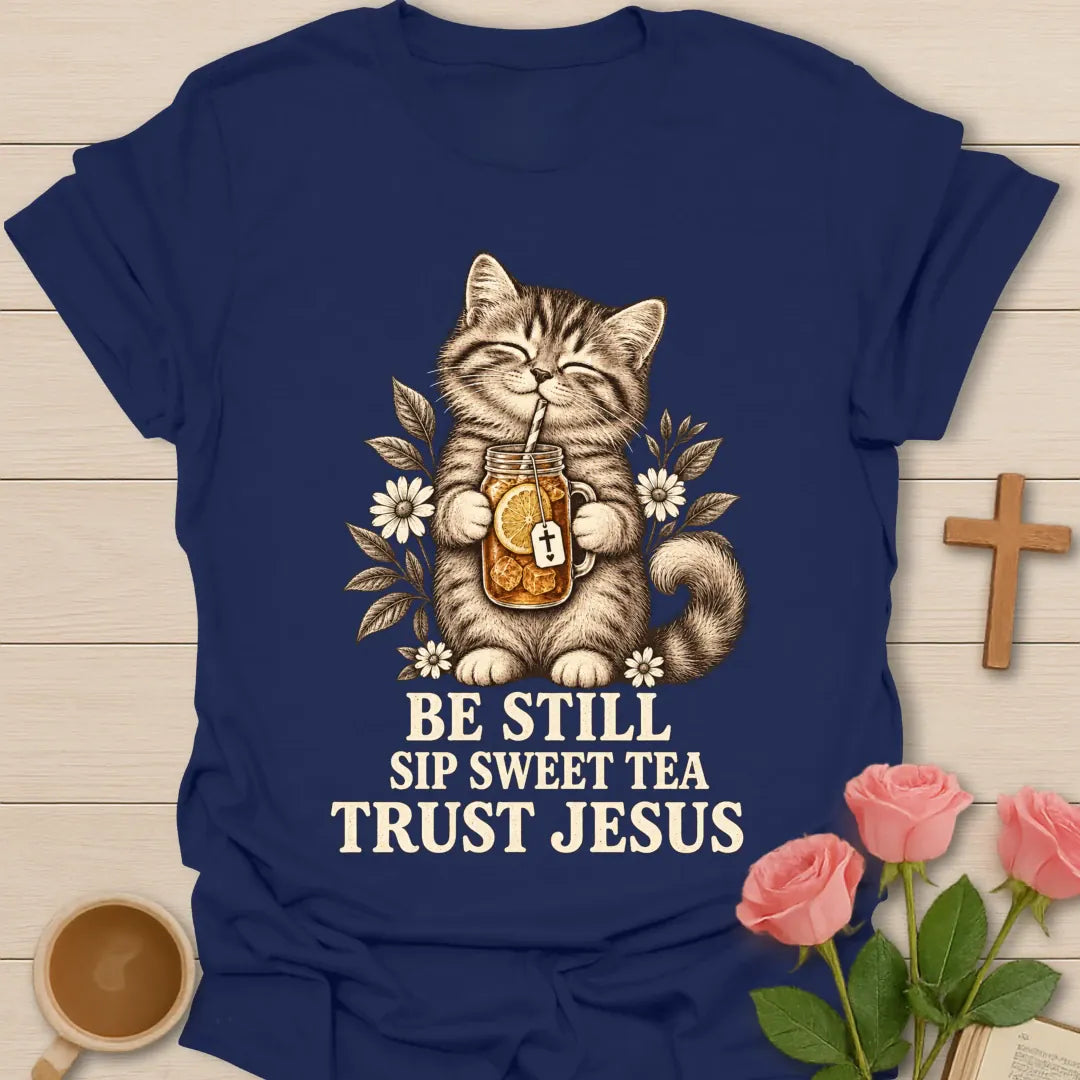 Sweet Tea Trust Jesus kitten shirt with cute kitten, sweet tea, and faith-inspired lettering. - Navy
