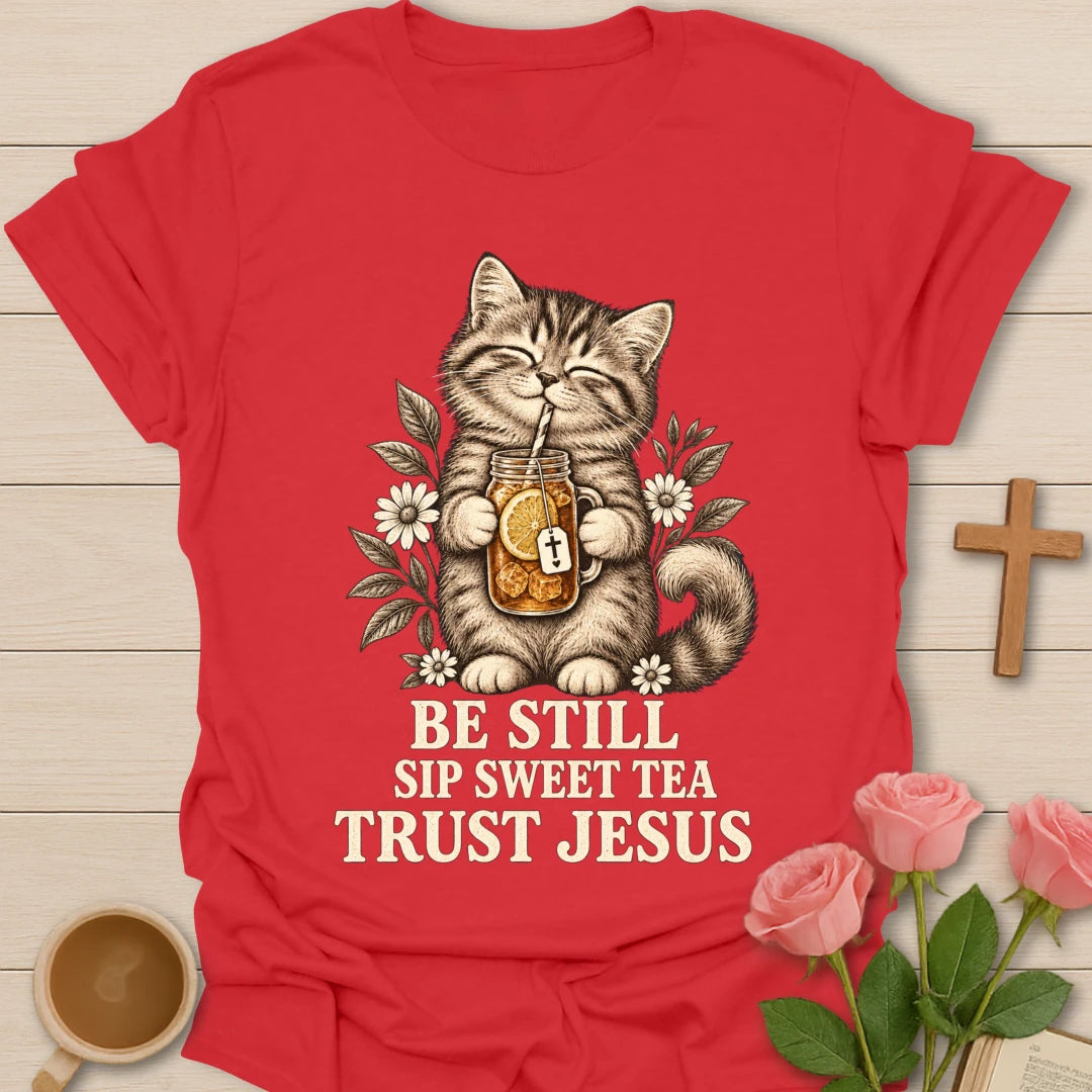 Sweet Tea Trust Jesus kitten shirt with cute kitten, sweet tea, and faith-inspired lettering. - Red