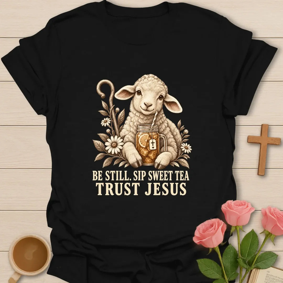 Sweet Tea Trust Jesus lamb shirt with cute lamb, sweet tea, and faith-inspired lettering. - Black