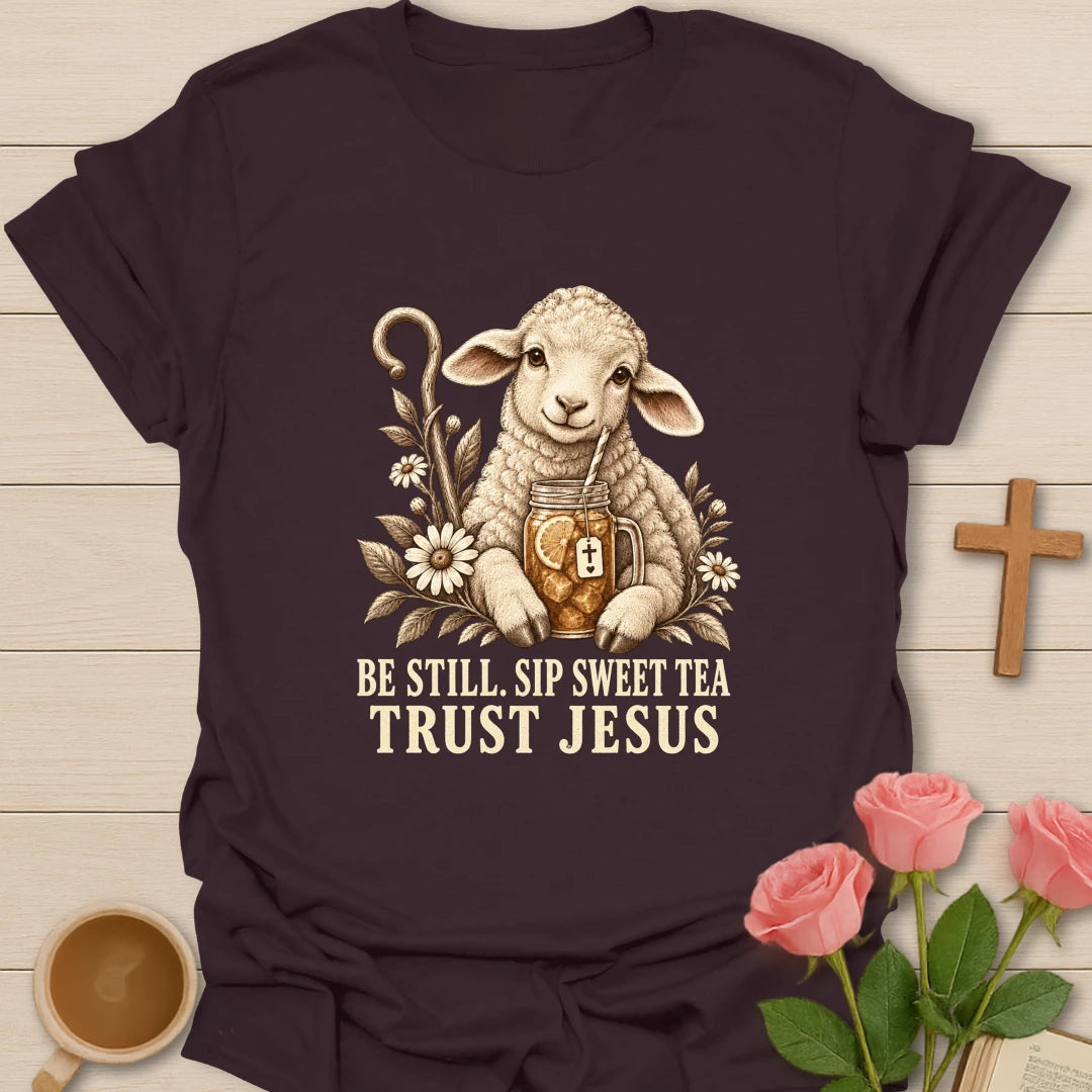 Sweet Tea Trust Jesus lamb shirt with cute lamb, sweet tea, and faith-inspired lettering. - Dark Chocolate