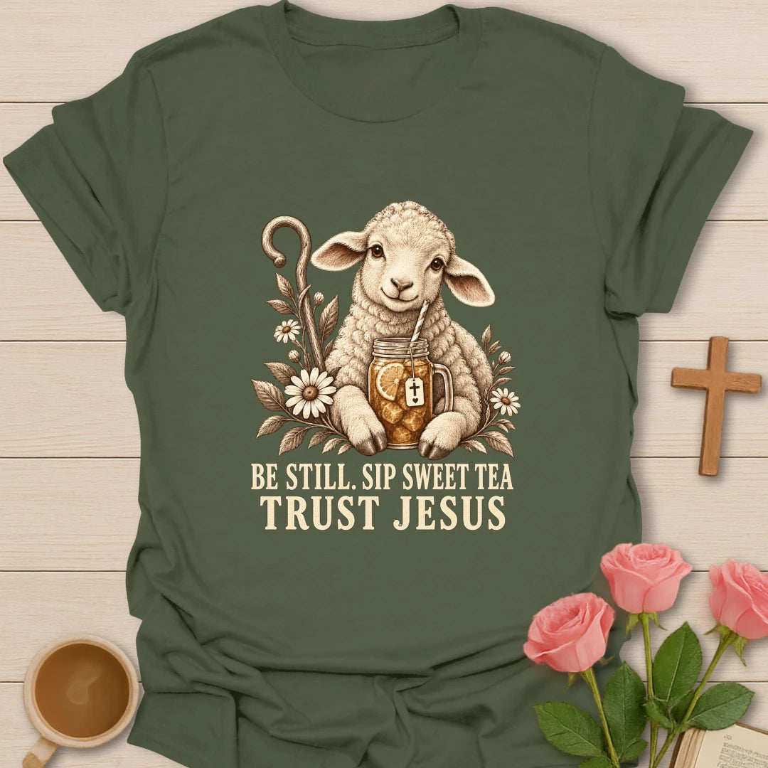 Sweet Tea Trust Jesus lamb shirt with cute lamb, sweet tea, and faith-inspired lettering. - Military Green