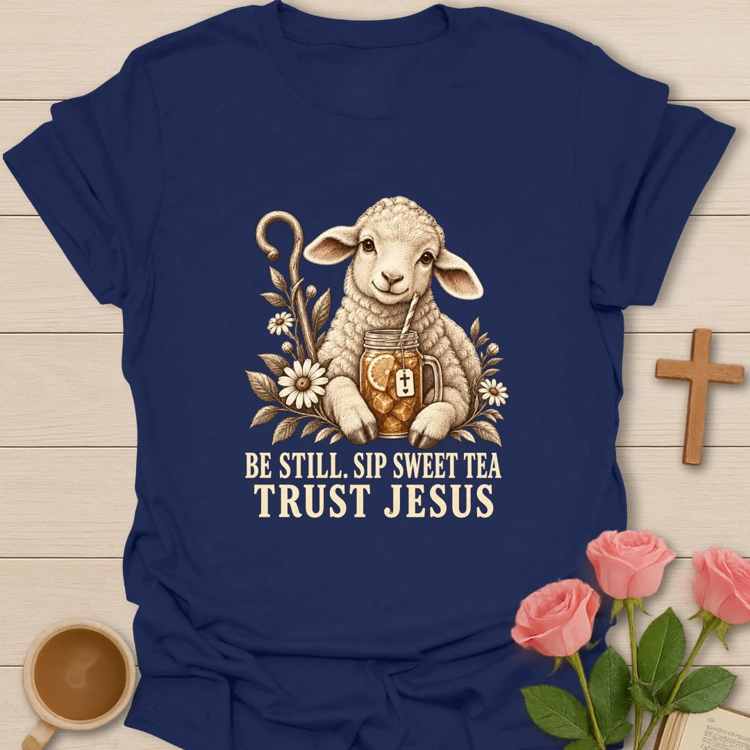 Sweet Tea Trust Jesus lamb shirt with cute lamb, sweet tea, and faith-inspired lettering. - Navy