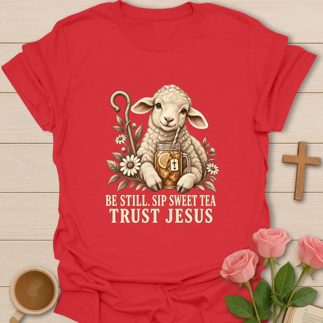 Sweet Tea Trust Jesus lamb shirt with cute lamb, sweet tea, and faith-inspired lettering. - Red