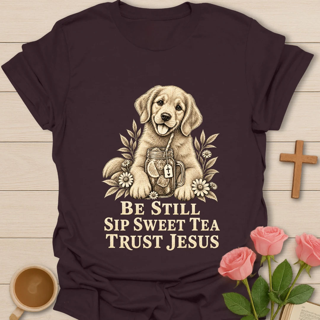 Sweet Tea Trust Jesus puppy shirt with cute puppy, sweet tea, and faith-inspired lettering. - Dark Chocolate