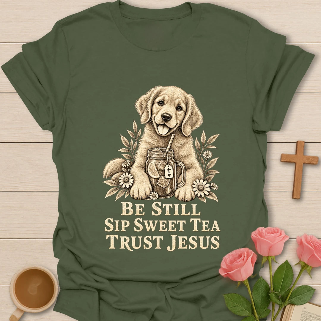 Sweet Tea Trust Jesus puppy shirt with cute puppy, sweet tea, and faith-inspired lettering. - Military Green