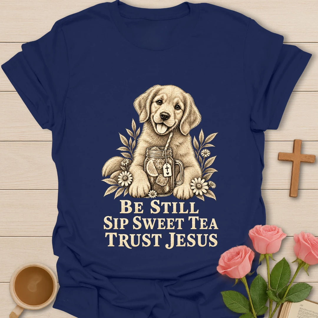 Sweet Tea Trust Jesus puppy shirt with cute puppy, sweet tea, and faith-inspired lettering. - Navy