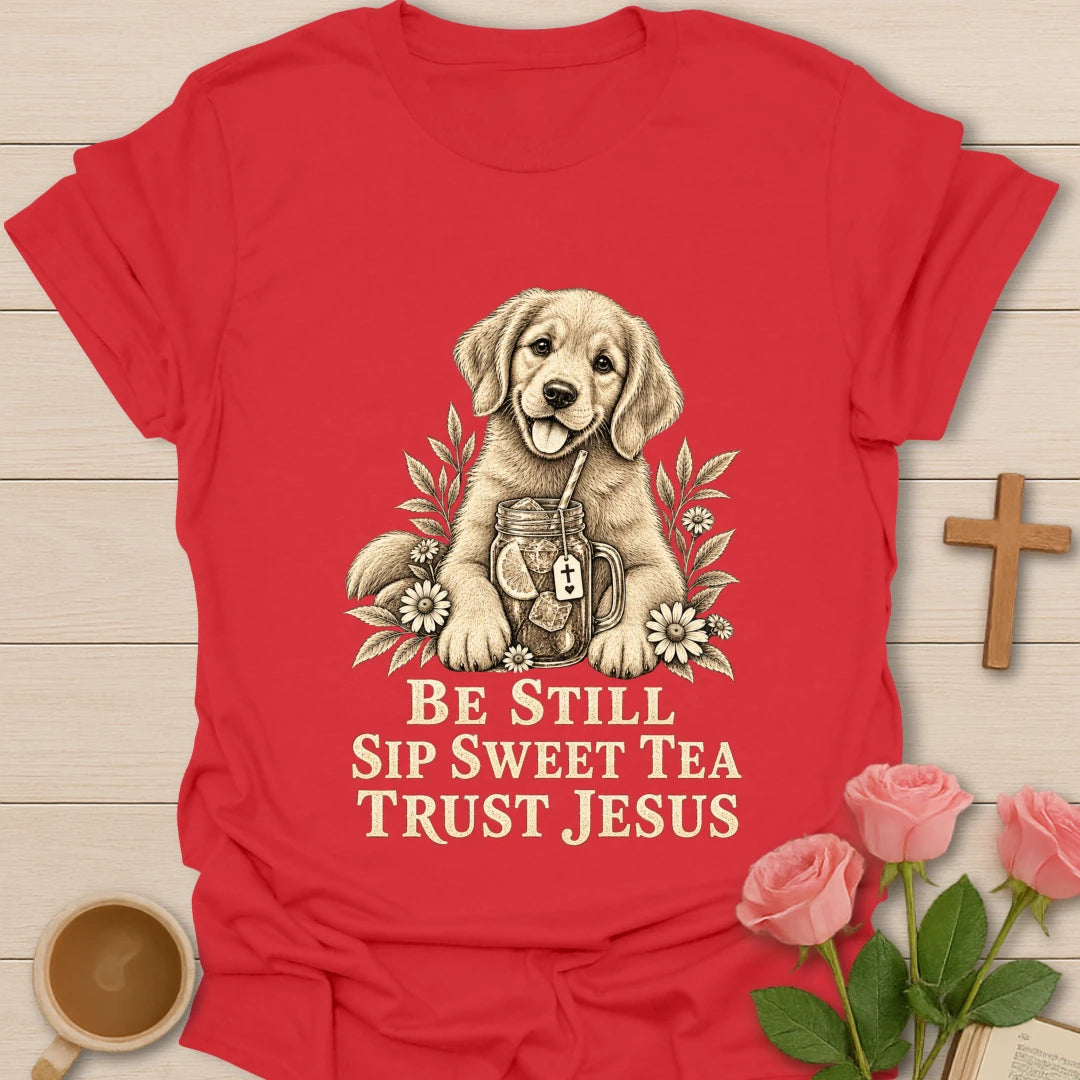 Sweet Tea Trust Jesus puppy shirt with cute puppy, sweet tea, and faith-inspired lettering. - Red