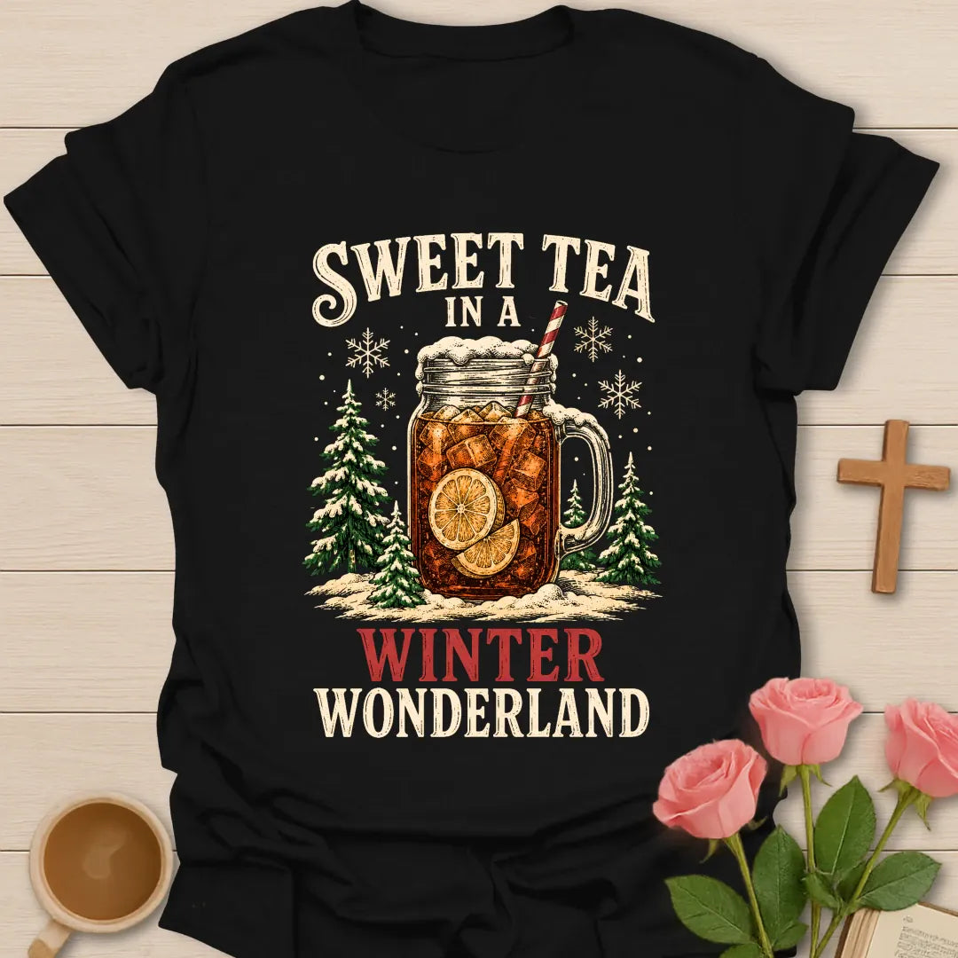Sweet Tea in a Winter Wonderland Christmas T-shirt with iced sweet tea mason jar snowy trees and snowflakes - Black