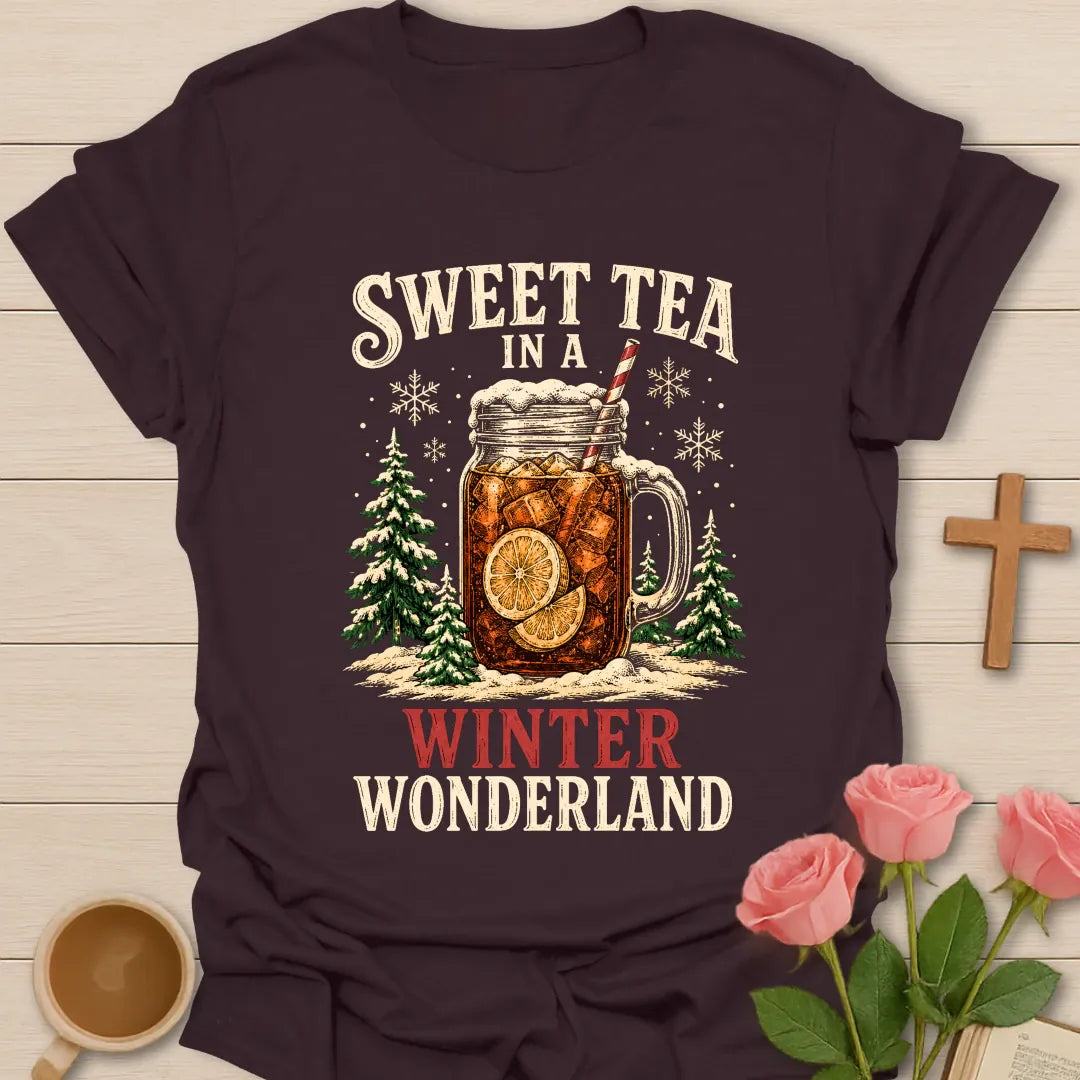 Sweet Tea in a Winter Wonderland Christmas T-shirt with iced sweet tea mason jar snowy trees and snowflakes - Dark Chocolate