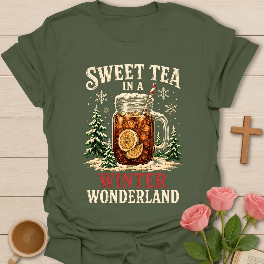 Sweet Tea in a Winter Wonderland Christmas T-shirt with iced sweet tea mason jar snowy trees and snowflakes - Military Green