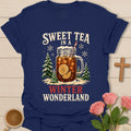 Sweet Tea in a Winter Wonderland Christmas T-shirt with iced sweet tea mason jar snowy trees and snowflakes - Navy