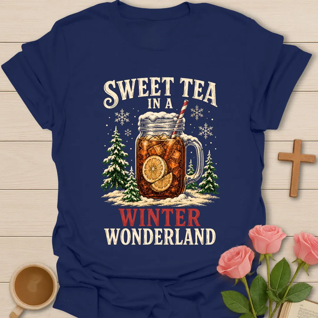 Sweet Tea in a Winter Wonderland Christmas T-shirt with iced sweet tea mason jar snowy trees and snowflakes - Navy