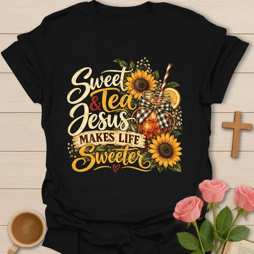 Sweet Tea and Jesus Makes Life Sweeter t-shirt with sunflowers, lemon, and an iced tea mason jar with a gingham bow - Black