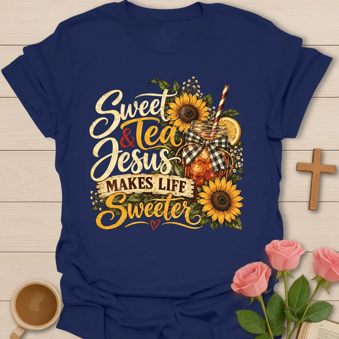 Sweet Tea and Jesus Makes Life Sweeter t-shirt with sunflowers, lemon, and an iced tea mason jar with a gingham bow - Navy
