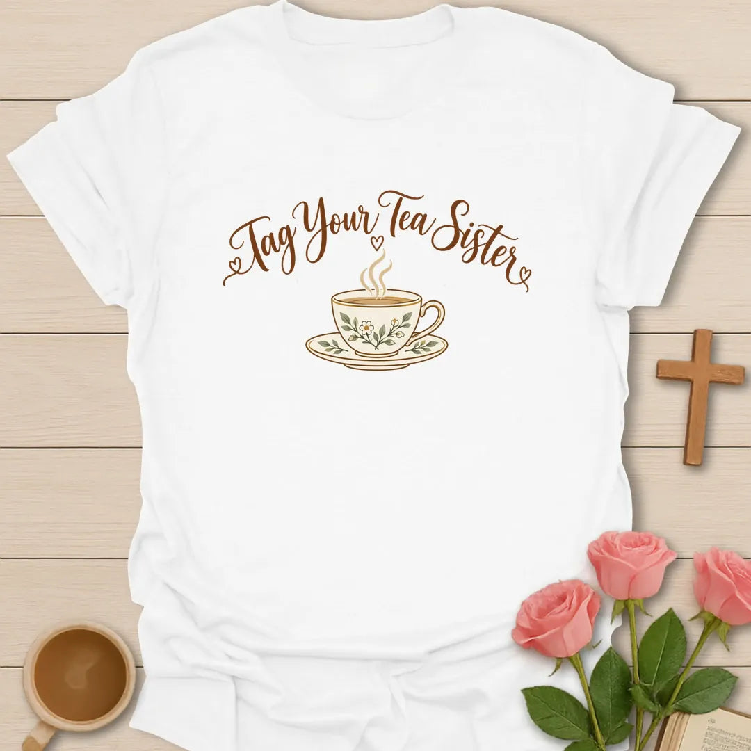Tag Your Tea Sister Christian t-shirt with tea-inspired lettering and faith design - White