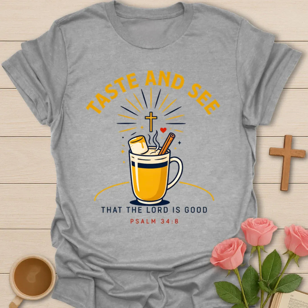 Taste And See tea shirt with steaming mug, marshmallow, cinnamon stick, cross, and sunburst. - Sport Grey