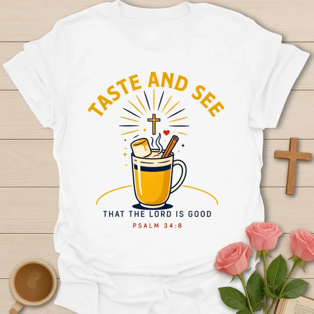 Taste And See tea shirt with steaming mug, marshmallow, cinnamon stick, cross, and sunburst. - White