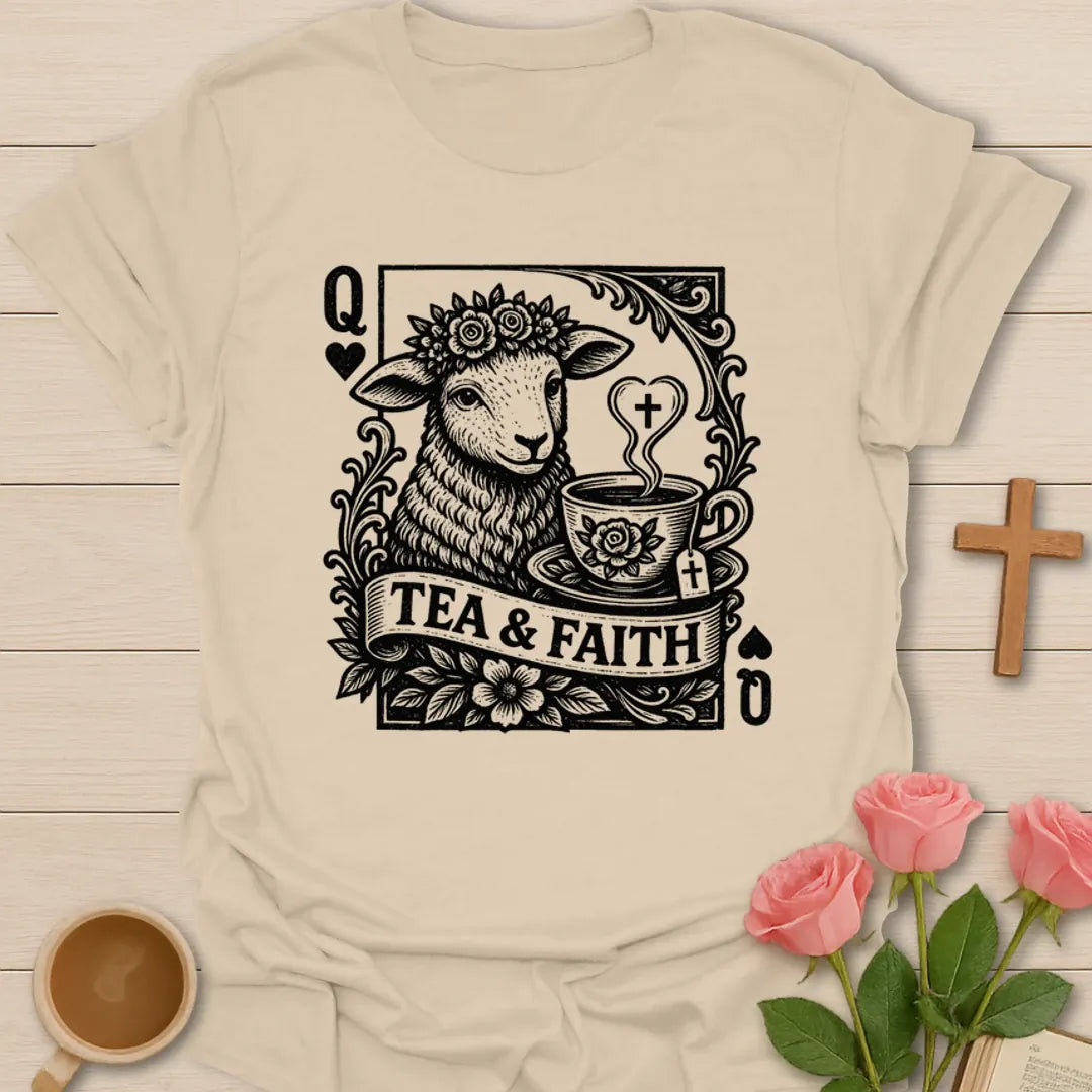 Tea and Faith Queen of Hearts Sheep T-Shirt KozzyCo Christian and tea lover design