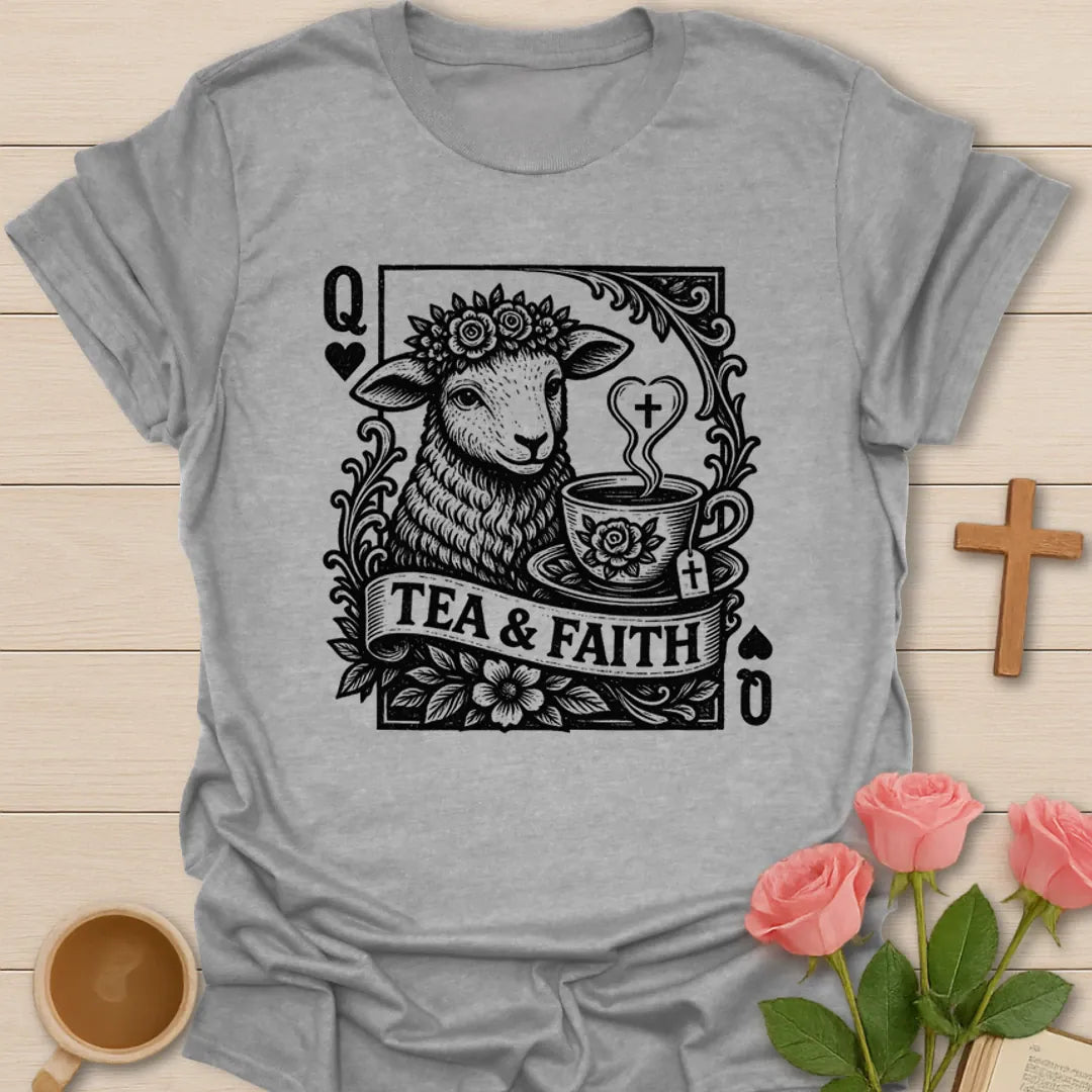 Tea and Faith Queen of Hearts Sheep T-Shirt KozzyCo Christian and tea lover design