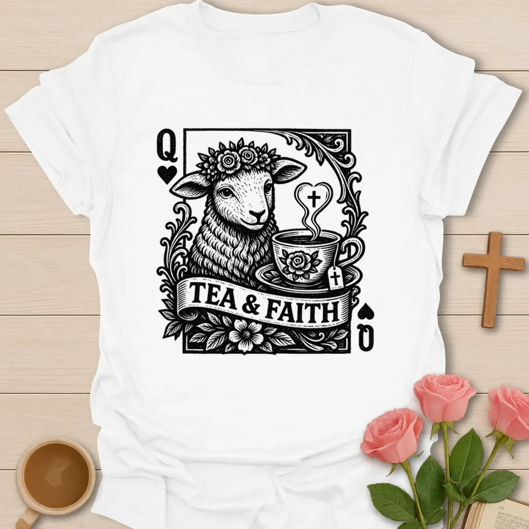 Tea and Faith Queen of Hearts Sheep T-Shirt KozzyCo Christian and tea lover design