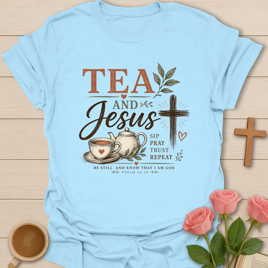 Tea and Jesus Be Still shirt with teacup, cross, and cream vintage lettering. - Light Blue