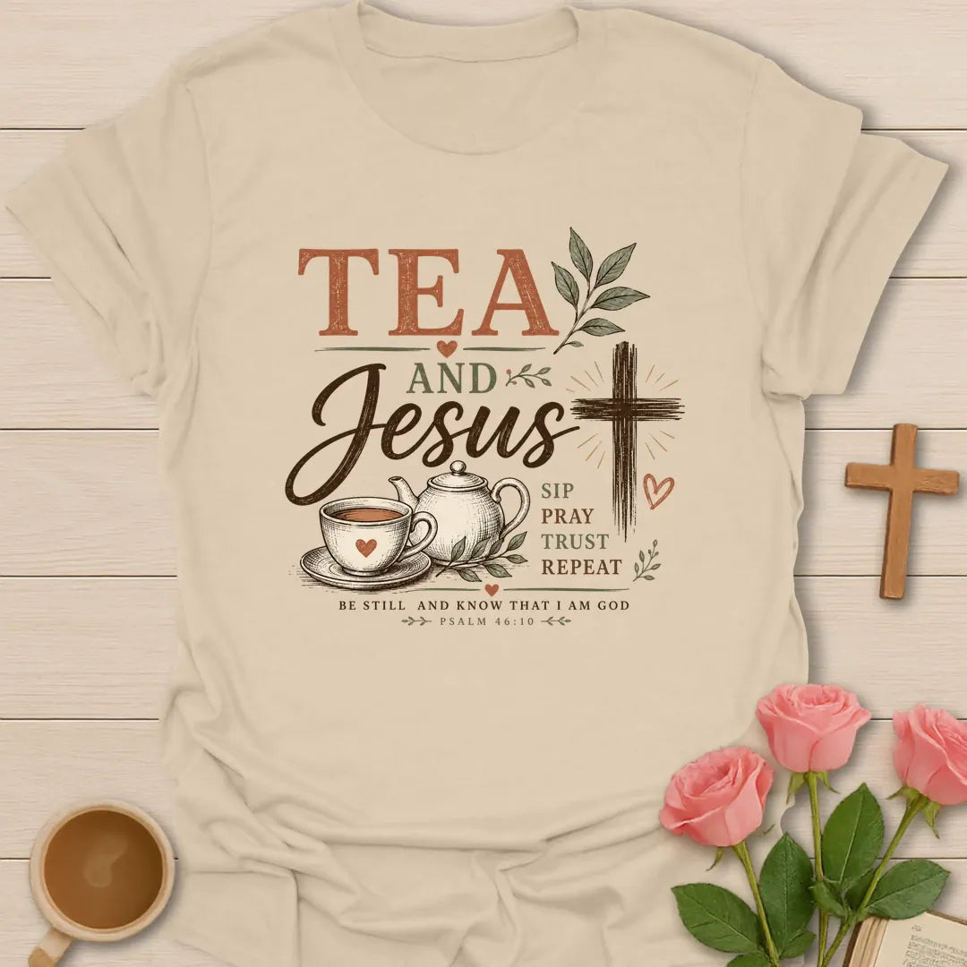 Tea and Jesus Be Still shirt with teacup, cross, and cream vintage lettering. - Sand