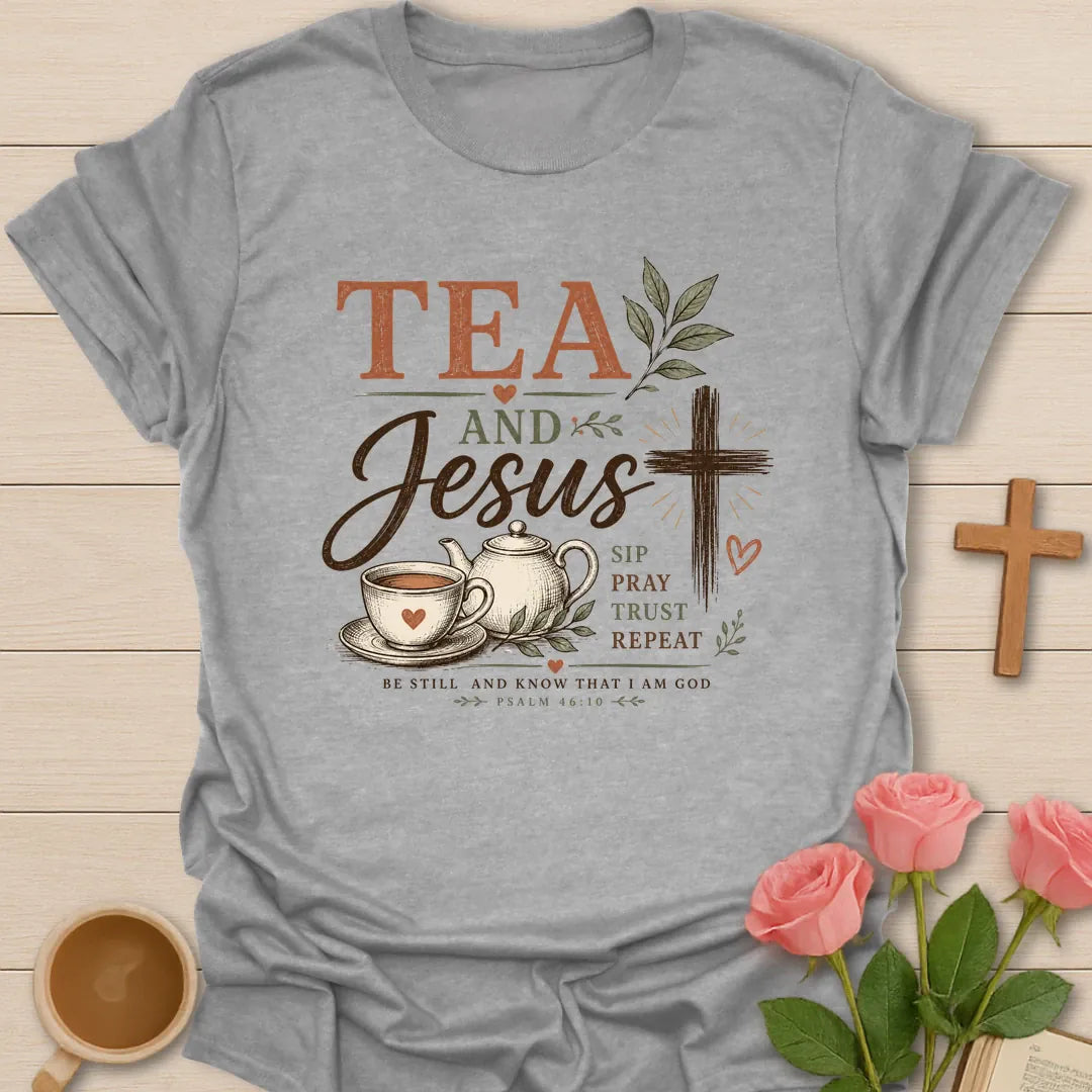 Tea and Jesus Be Still shirt with teacup, cross, and cream vintage lettering. - Sport Grey