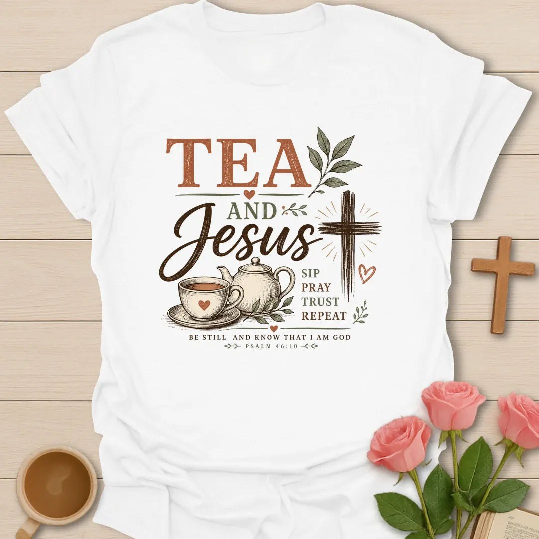 Tea and Jesus Be Still shirt with teacup, cross, and cream vintage lettering. - White