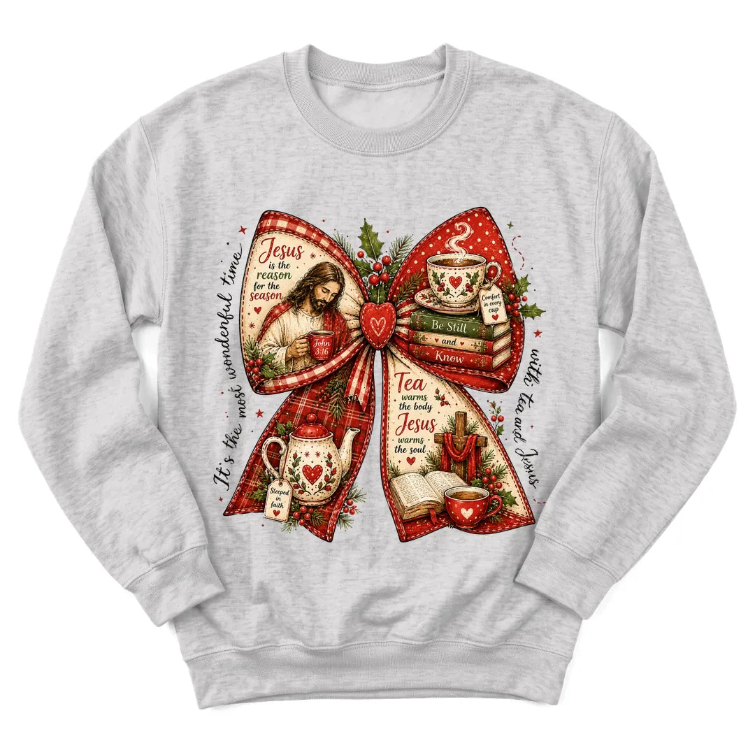Tea and Jesus Christmas bow sweatshirt with teacups, holly and red plaid accents - Ash