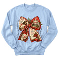 Tea and Jesus Christmas bow sweatshirt with teacups, holly and red plaid accents - Light Blue