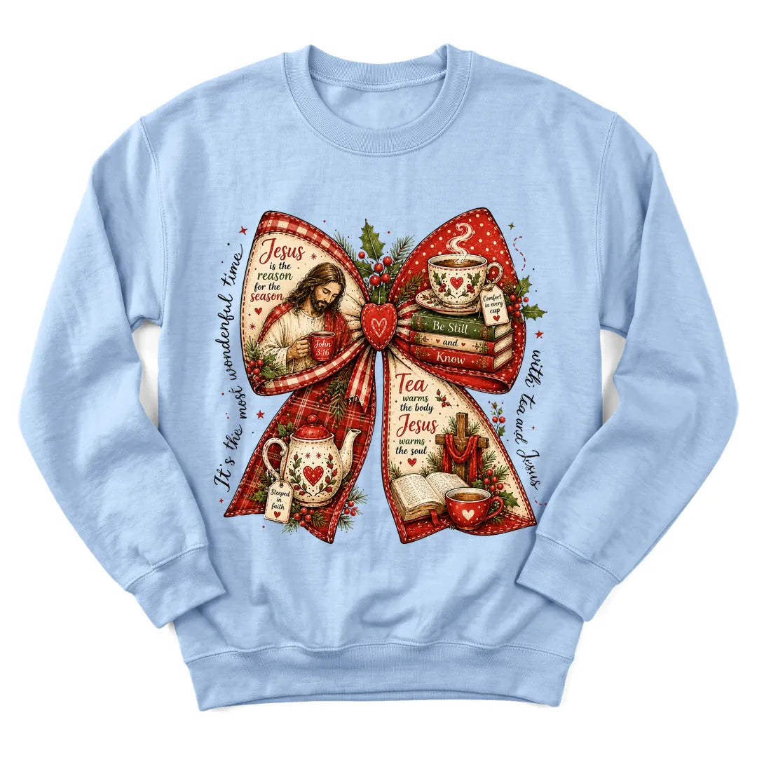 Tea and Jesus Christmas bow sweatshirt with teacups, holly and red plaid accents - Light Blue
