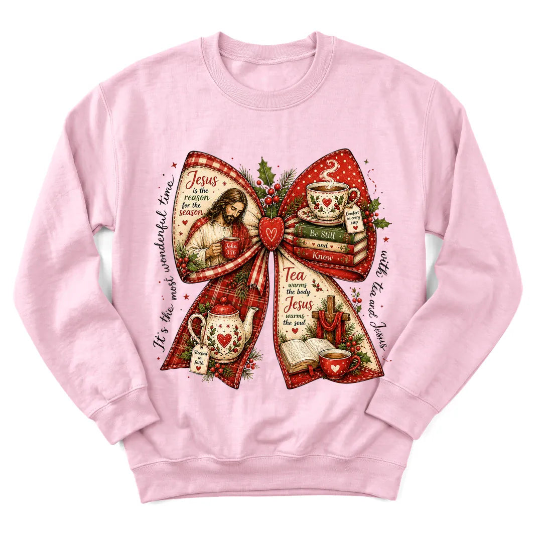 Tea and Jesus Christmas bow sweatshirt with teacups, holly and red plaid accents - Light Pink
